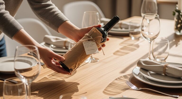 Convidado entregando garrafa de vinho embrulhada com cartão