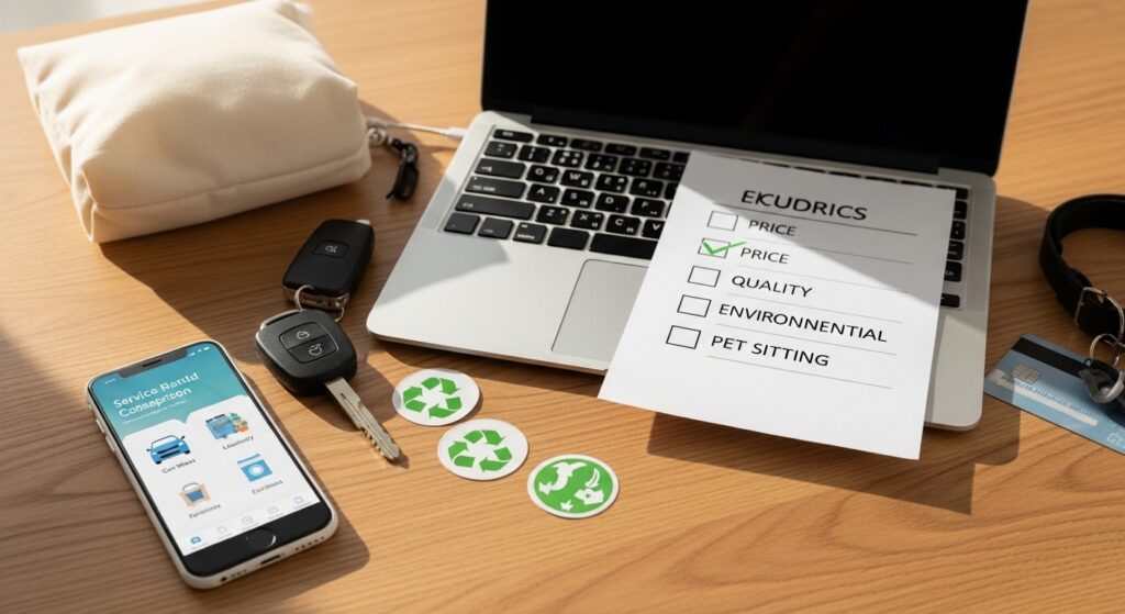 Pessoa comparando serviços de carro, lavanderia e pet sitter em smartphone com checklist