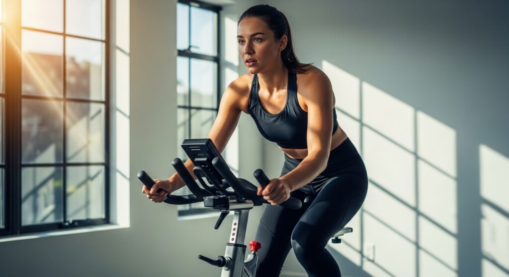 Mulher treinando spinning indoor em casa