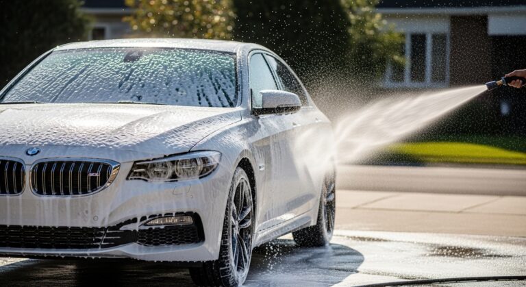 Carro sendo lavado com snow foam em garagem residencial, economizando água
