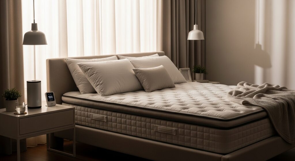 Quarto aconchegante com cama de casal e iluminação suave para uma noite de sono ideal