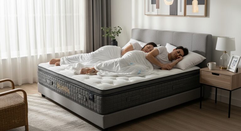 Casal dormindo tranquilamente em cama de casal iluminada pela luz natural