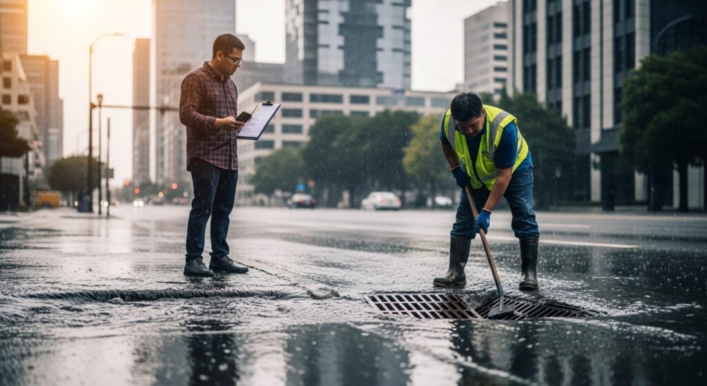 Operário limpando drenagem pluvial em rua alagada com cidadão observando checklist