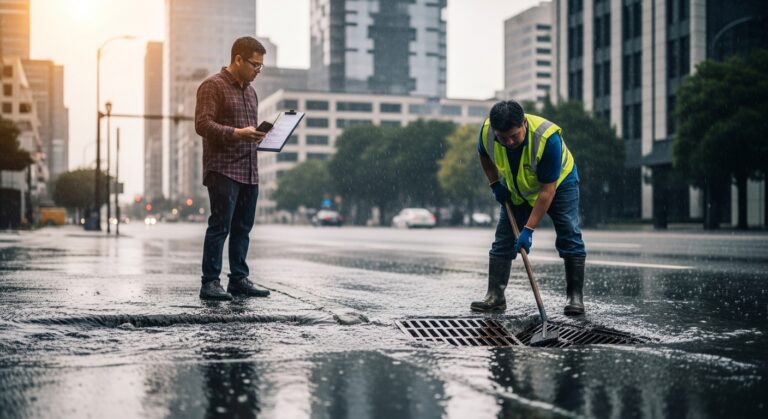 Operário limpando drenagem pluvial em rua alagada com cidadão observando checklist