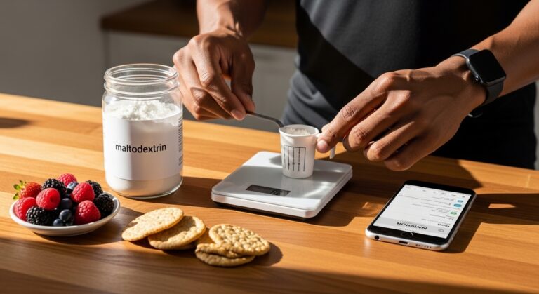 Atleta preparando lanche saudável e consultando rótulo de maltodextrina