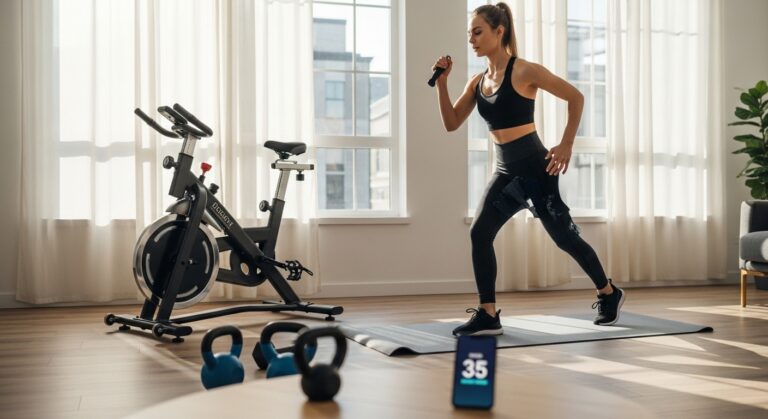 Mulher fazendo treino rápido de 20 minutos em casa ao lado de bicicleta indoor