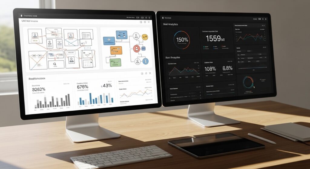 Mesa minimalista com dashboard de UX e métricas de conversão