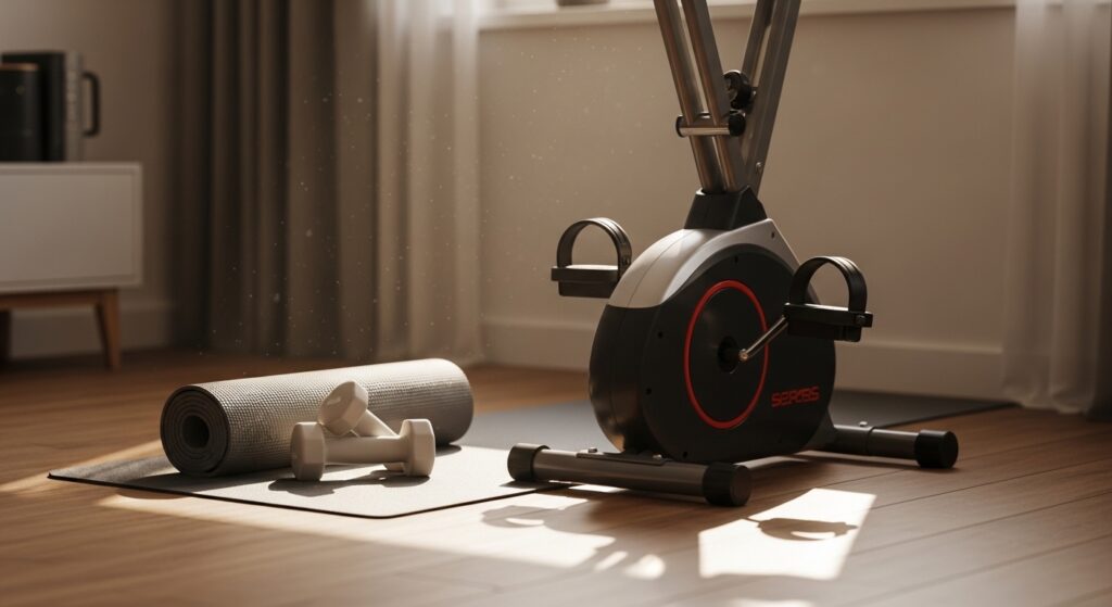 Cantinho fitness compacto com bicicleta ergométrica dobrável e pesos