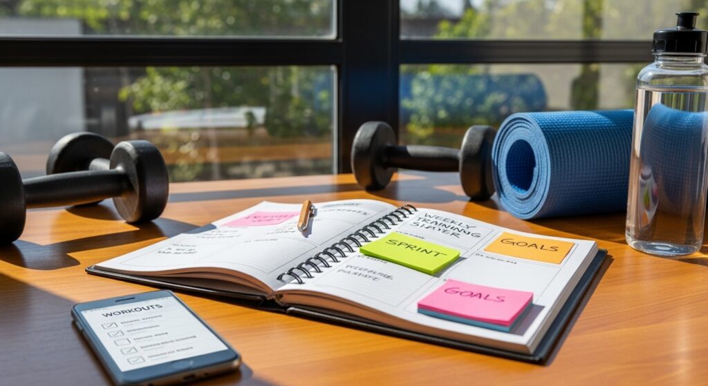 Planner de treino com checklist e equipamentos de ginástica