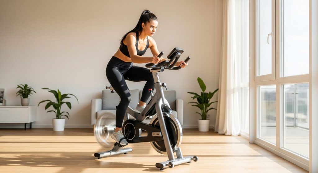 Mulher fazendo treino de spinning em casa para ganhar energia
