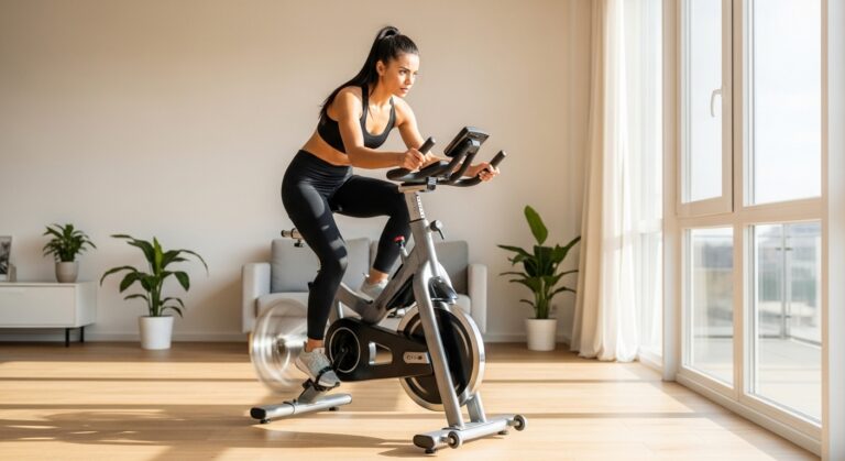 Mulher fazendo treino de spinning em casa para ganhar energia
