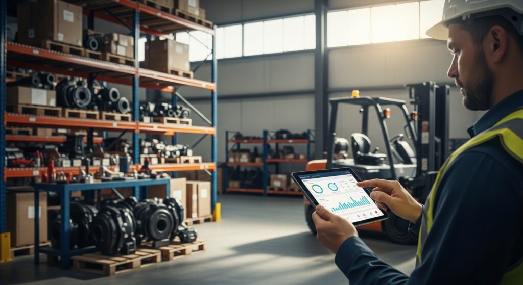 Engenheiro de manutenção analisando dados em tablet em galpão com empilhadeira e prateleiras de peças