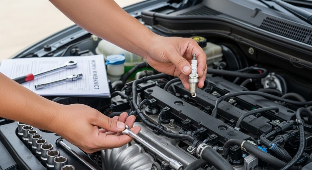 Mãos segurando vela de ignição próximo ao motor aberto durante manutenção preventiva