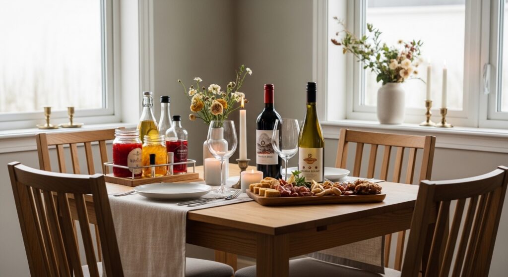 Encontro caseiro com mesa charmosa, vinho em destaque e mini-bar econômico