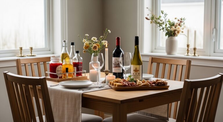 Encontro caseiro com mesa charmosa, vinho em destaque e mini-bar econômico