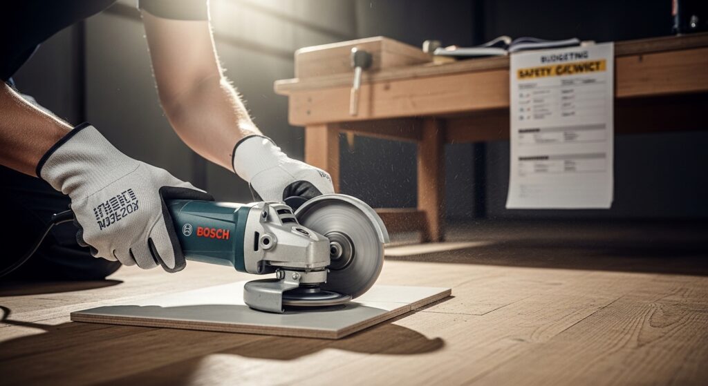 Pessoa usando esmerilhadeira Bosch em pequena reforma caseira com checklist de segurança ao lado