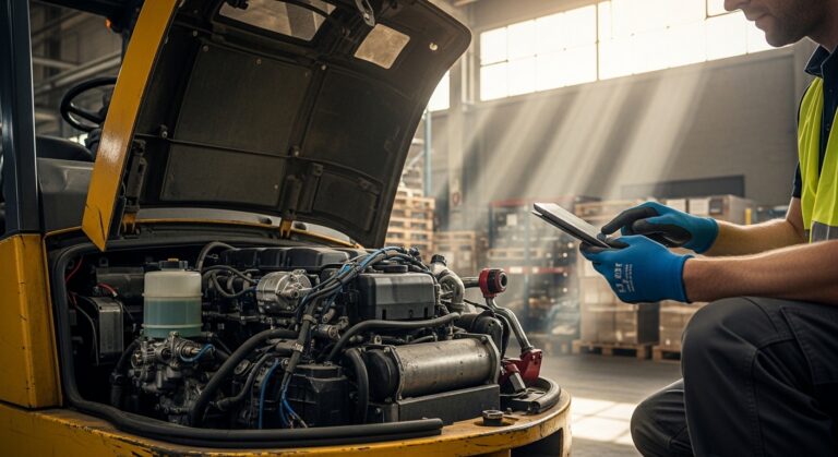 Técnico faz manutenção preventiva em empilhadeira em galpão industrial