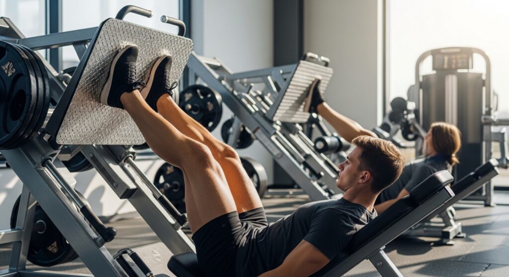 Pessoa fazendo leg press em academia moderna com pernas fortes e definidas