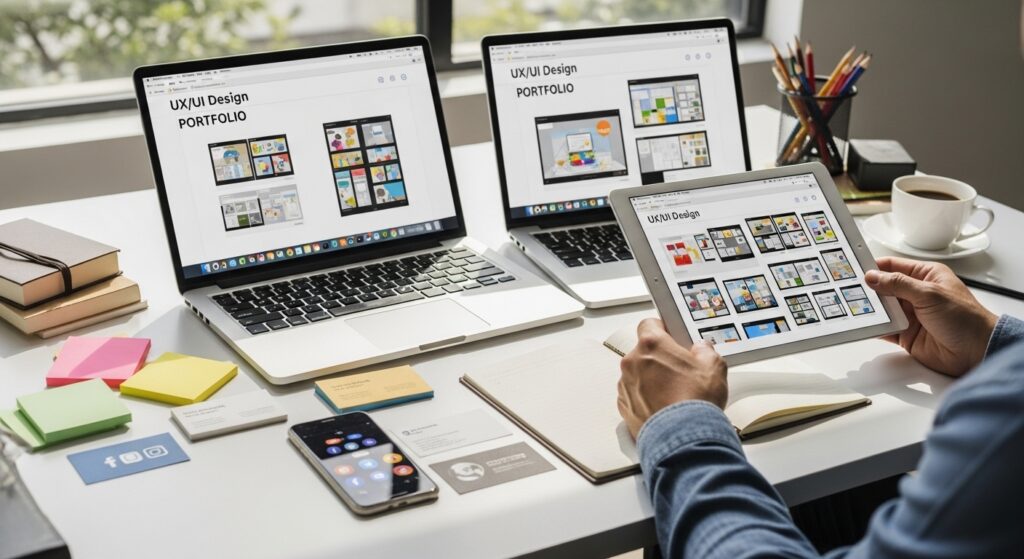 Profissional criativo apresentando portfólio de UX/UI em escritório moderno iluminado por luz natural