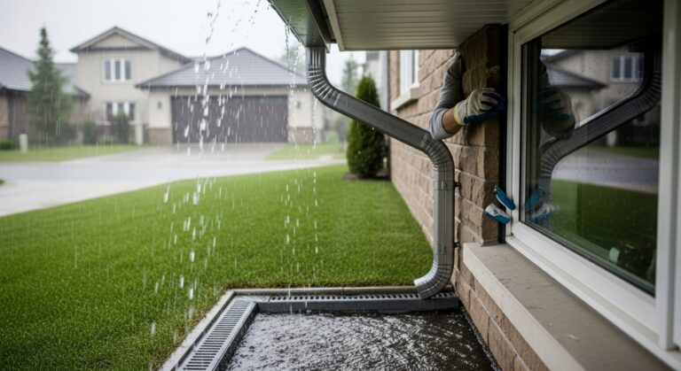 Exterior de casa sob chuva forte com caixa de drenagem evitando alagamento