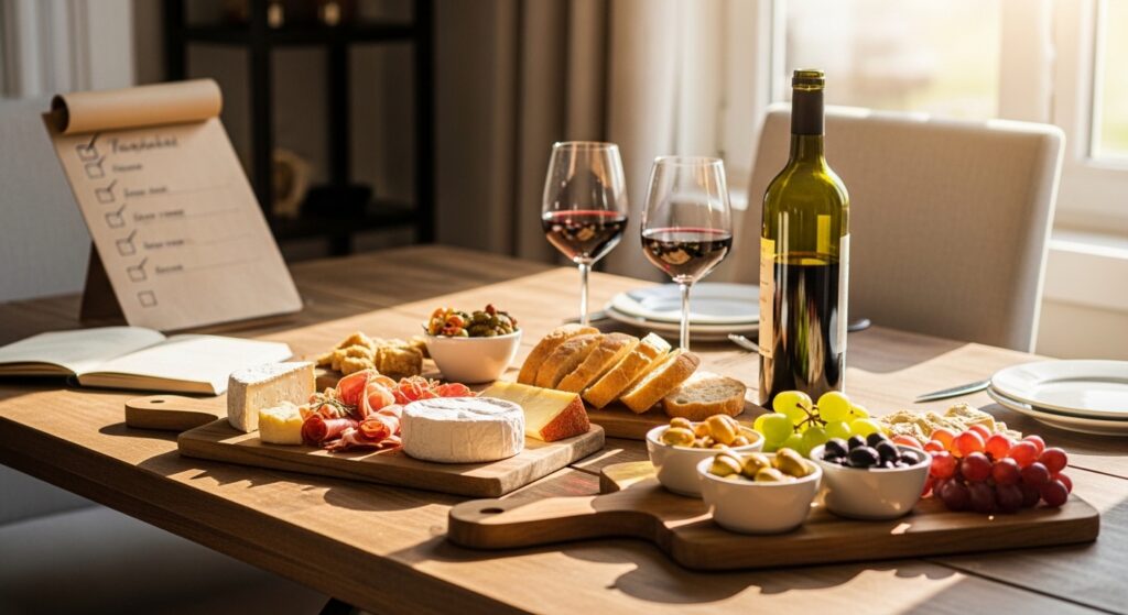 Mesa de petiscos e taças de vinho em ambiente caseiro acolhedor