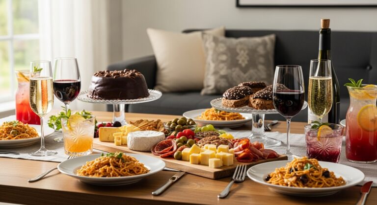 Mesa de encontro em casa com petiscos, vinhos e drinks