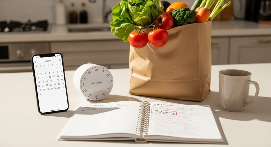 Bancada de cozinha com planner semanal, lista de compras e sacola de legumes frescos