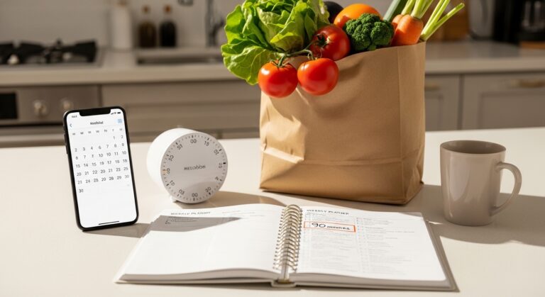 Bancada de cozinha com planner semanal, lista de compras e sacola de legumes frescos