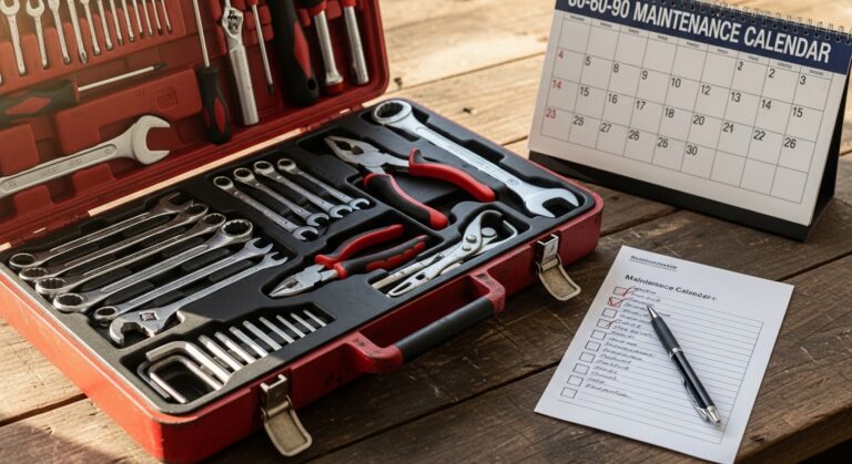 Kit de ferramentas organizado com checklist de manutenção e calendário 30-60-90