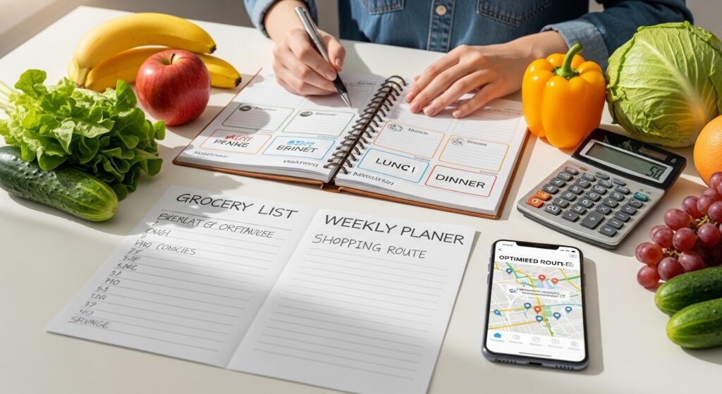 Mesa de cozinha com planner semanal, lista de compras e itens frescos