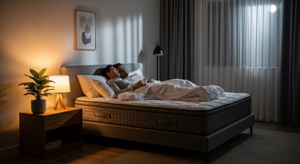 Casal relaxando em quarto aconchegante à noite