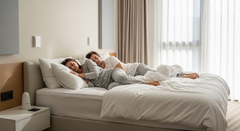 Casal dormindo em quarto minimalista iluminado por luz natural em cama com roupa branca