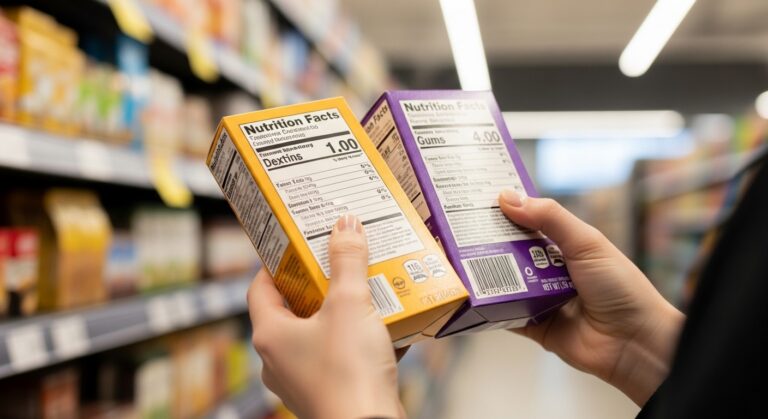 Consumidor comparando rótulos de produtos no supermercado