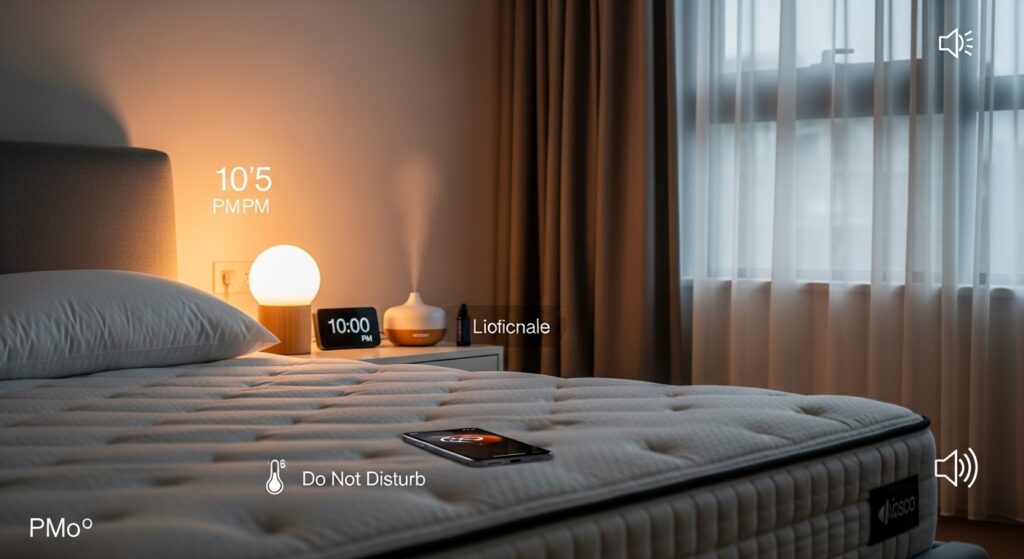 Quarto moderno com colchão premium e iluminação suave para sono reparador