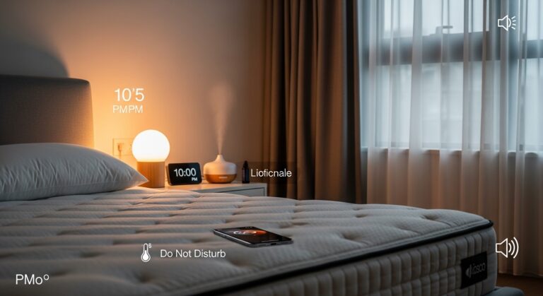 Quarto moderno com colchão premium e iluminação suave para sono reparador