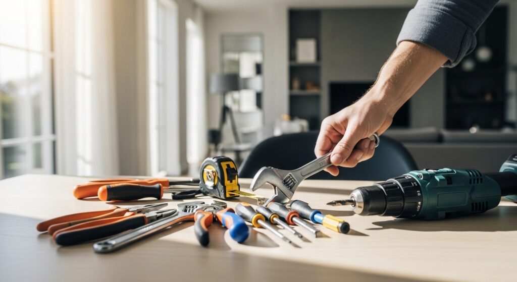Mão alcançando ferramenta em kit de manutenção doméstica iluminado por luz natural