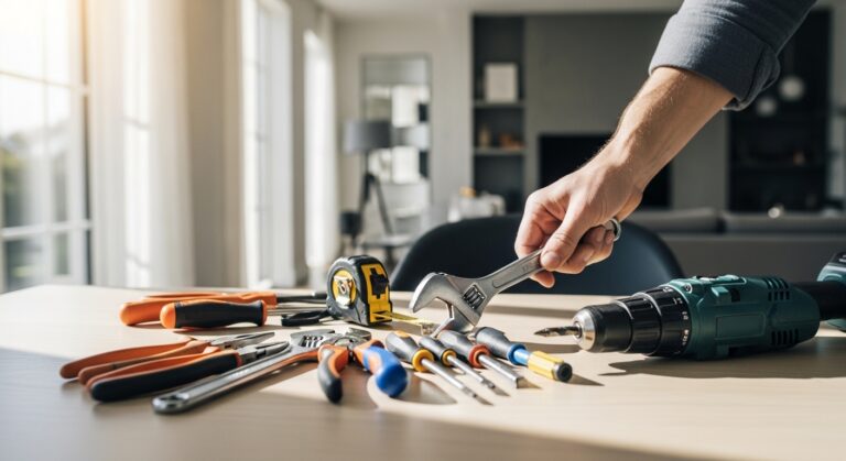 Mão alcançando ferramenta em kit de manutenção doméstica iluminado por luz natural