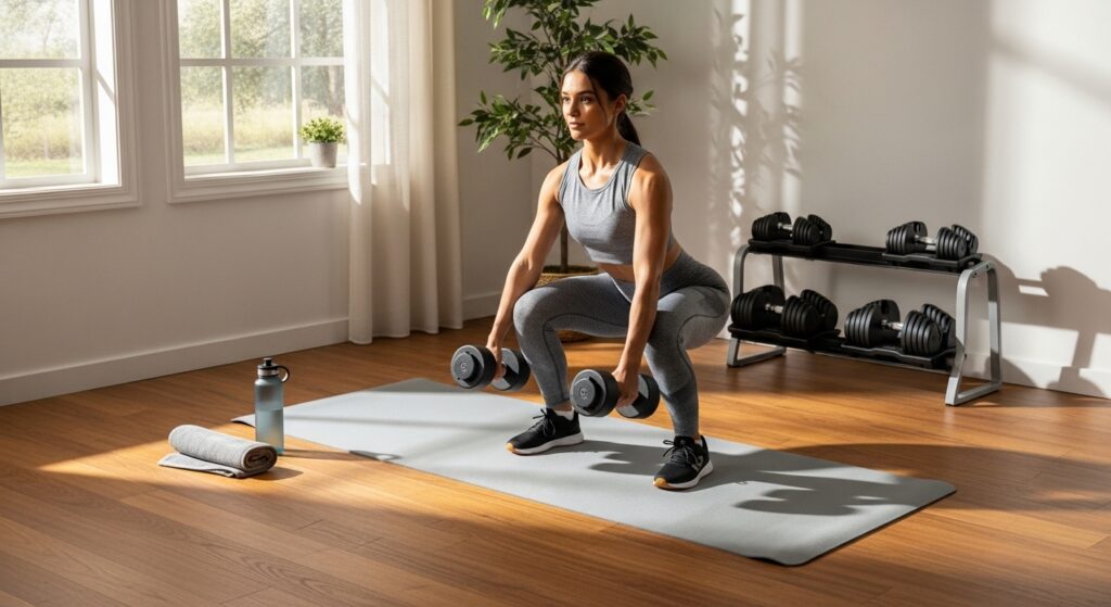 Pessoa fazendo treino rápido em cantinho fitness em casa