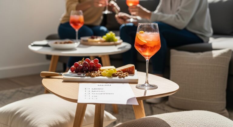 Encontro descontraído em sala com drinque de vinho e petiscos sobre mesa de madeira
