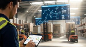 Gerente de logística consultando tablet em armazém com empilhadeira carregando carga