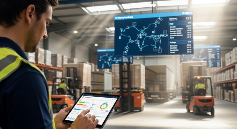 Gerente de logística consultando tablet em armazém com empilhadeira carregando carga