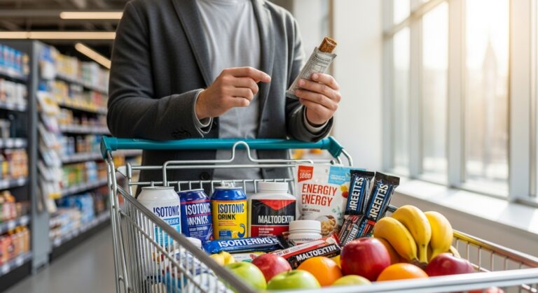 Consumidor consciente lendo rótulo nutricional de produto energético em supermercado