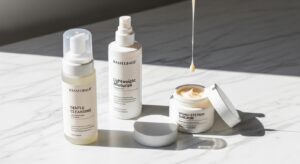 Produtos de skinimalismo sobre bancada de mármore iluminados pela luz natural