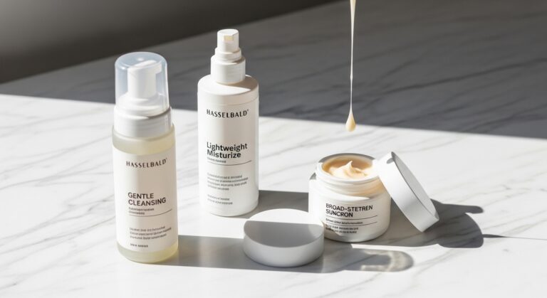 Produtos de skinimalismo sobre bancada de mármore iluminados pela luz natural