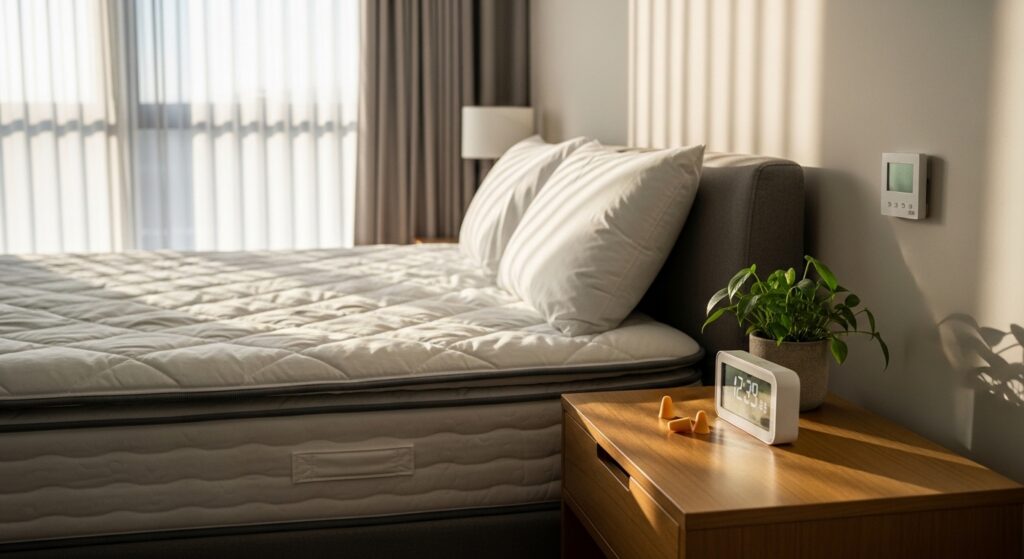 Quarto zen com luz natural pela manhã e cama arrumada