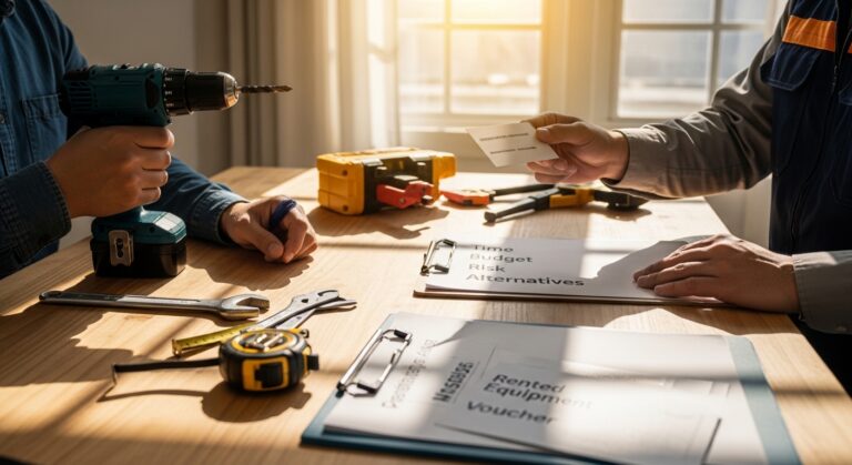 Pessoa escolhendo entre fazer DIY ou contratar profissional com ferramentas e checklist