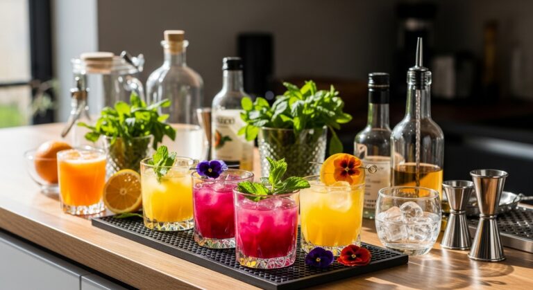 Bar caseiro com drinks sem álcool coloridos e decorados com frutas e ervas