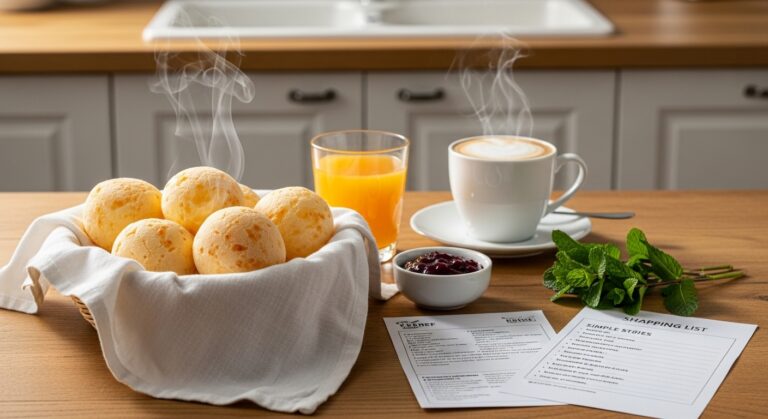 Mesa de café da tarde com pão de queijo e bebida em luz natural