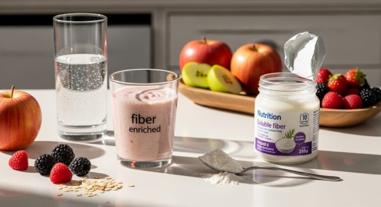 Balcão de cozinha com smoothie de frutas e dextrina, iogurte e frutas ricas em fibras