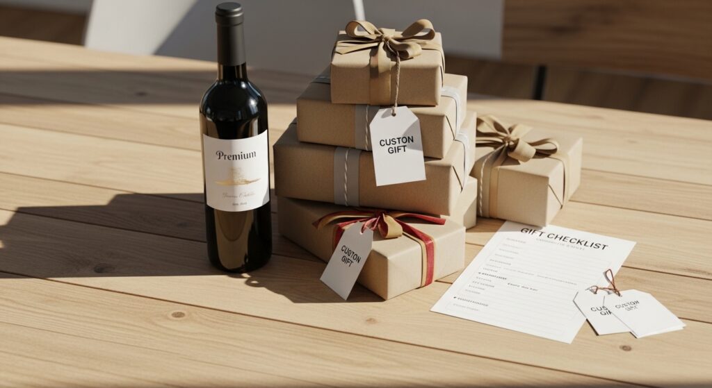 Presentes embalados com garrafa de vinho premium sobre mesa de madeira iluminada